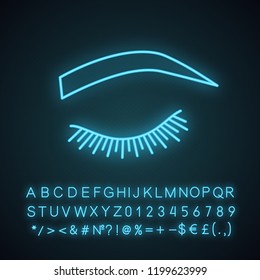 Soft arched eyebrow shape neon light icon. Rounded, curved eyebrows. Brows shaping by tattooing. Closed woman eye. Glowing sign with alphabet, numbers and symbols. Vector isolated illustration