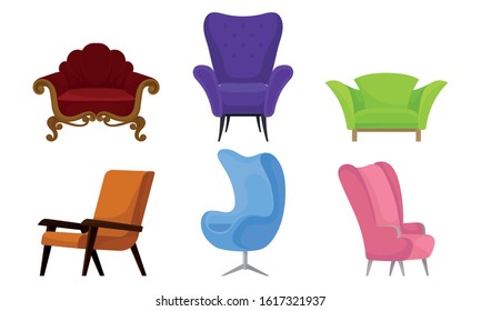Soft Armchairs Vector Set. Colorful Furniture for Home Interior