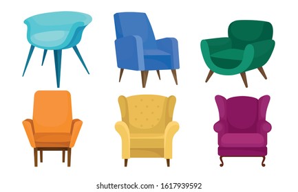 Soft Armchairs Vector Set. Colorful Furniture for Home Interior