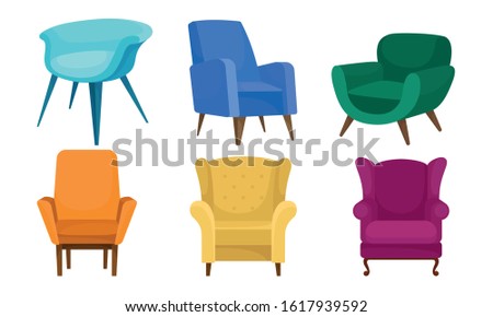 Soft Armchairs Vector Set. Colorful Furniture for Home Interior