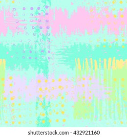 Soft artistic seamless pattern made with stamps. Fantasy multicolored background. Vector illustration. Simple colorful design. Gentle blue, yellow, green, purple and pink colors.