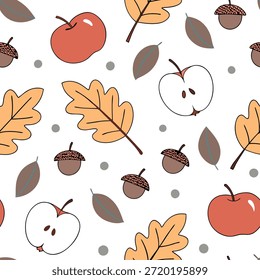 Soft autumn harvest seamless pattern with apples leaves and acorns for a cozy fall inspired aesthetic concept as Cozy autumn harvest pattern with apples leaves and acorns for a soft and inviting fall atmosphere in Photo Stock Concept and empty space on the left side,no text --ar 7:2 --tile