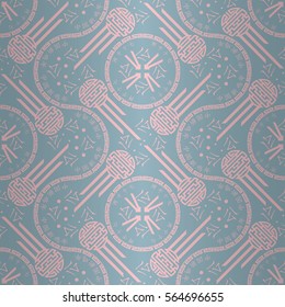 Soft baby blue geometrical seamless pattern in chinese post stamp style. Hieroglyph translation: Chinese New Year of the Rooster 2017