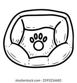 Soft bed for a pet. Hand drawn doodle. Sleeping place for a cat or dog. Piece of furniture. Paw print. Vector line art illustration.