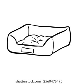 Soft bed for pets. Cat's favorite place. Sketch style Illustration for Pet shops, logo, postcards. Funny Crooked doodle vector icon.