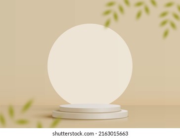 Soft beige 3d podium with blur leaf. Creamy color product display with geometric scene background vector.