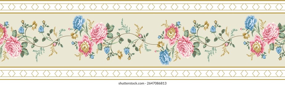 Soft beige background with delicately shaded flowers creates an antique, nostalgic charm perfect for traditional interiors.