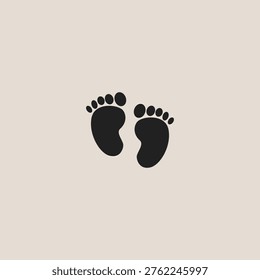 Soft beige background holds simple black footprints. Tiny toes and soles show a child's innocence. Calm image conveys tender new beginnings. Ideal for baby, parenting, or family themes