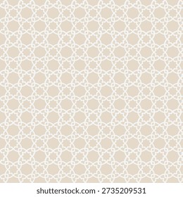 Soft beige Islamic interlaced geometric seamless pattern created especially for Ramadan-themed designs. The elegant repeating knot and star geometry brings a peaceful, spiritual, and modern Islamic ae