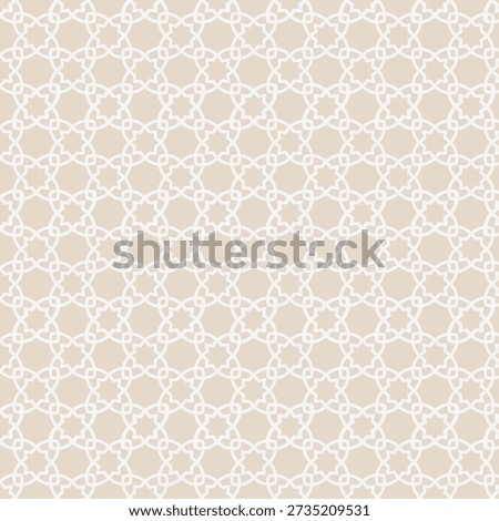 Soft beige Islamic interlaced geometric seamless pattern created especially for Ramadan-themed designs. The elegant repeating knot and star geometry brings a peaceful, spiritual, and modern Islamic ae