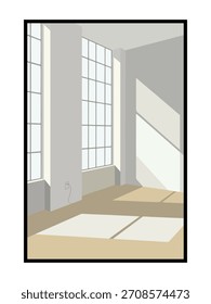 Quarto Bege Suave com Painéis de Janela Largos e Iluminação Natural Calma