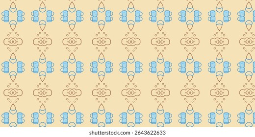 Soft beige seamless pattern with coffee mugs, water drops, and clouds. Great for cozy, café-themed or morning mood design.