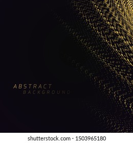 Soft bend of a gold striped surface with a depth effect consisting of many small dots. Abstract background. Dark theme.