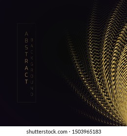 Soft bend of a gold striped surface with a depth effect consisting of many small dots. Abstract background. Dark theme.
