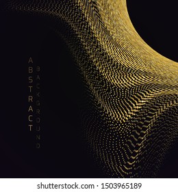 Soft bend of a gold striped surface with a depth effect consisting of many small dots. Abstract background. Dark theme.