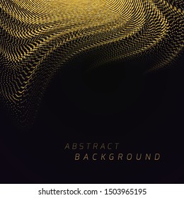 Soft bend of a gold striped surface with a depth effect consisting of many small dots. Abstract background. Dark theme.