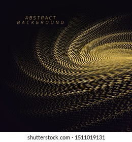 Soft bend of a gold striped surface with a depth effect consisting of many small dots. Abstract background.