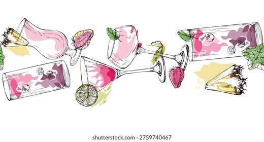 Soft berry, strawberry and pineapple fruity drinks. Vector cocktail strip with flat fills. Hand drawn seamless banner for lifestyle graphics, culinary layouts, festive borders and feminine content.