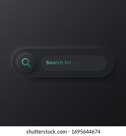 Barra de búsqueda del Neumorfismo negro suave con botón. Elemento UI de diseño de vectores de tendencia.