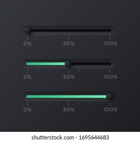 Weiche schwarze Neumorphismus Sliders für die Benutzeroberfläche. Trending Vektorillustration Design UX Element. 