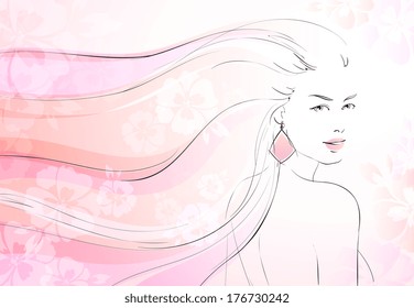 Soft bloom background with young girl and long wavy hairs vector illustration