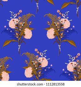 Soft Blooming bouquet flower from many kind of florals seamless pattern vector for fashion fabric and all prints on blue background