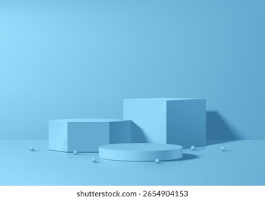 Soft blue 3D cylindrical podium background with cube and hexagon pedestal. Minimalist mockup. Abstract stand product display wall scene presentation, Stage showcase. Vector geometric platforms design.