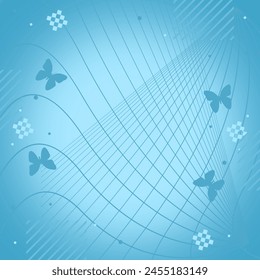 Fondo abstracto azul suave con Elementos decorativos, líneas y mariposas
