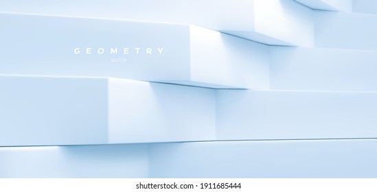 Soft blue architectural background. Abstract geometric backdrop. Vector 3d illustration. Minimalist interior. Pastel decoration. Brutal geometry. Stepped shapes
