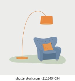 Soft blue armchair and copper floor lamp for loft-style creative office or cozy apartment. Element of fashionable furniture for interior of recreational or chill area at work.Vector illustration