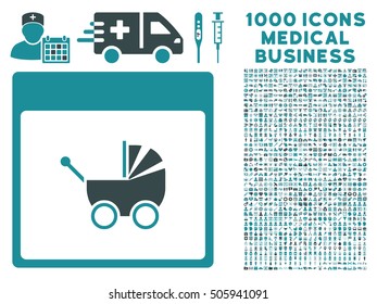 Soft Blue Baby Carriage Calendar Page vector icon with 1000 medical business pictograms. Set style is flat bicolor symbols, soft blue colors, white background.
