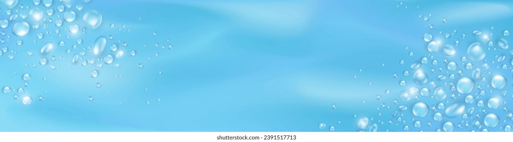 Weich blaue leere Plakatwand mit realistischen 3D-Wassertropfen oder Kondensation auf der Oberfläche. Panoramabanner mit Regentropfen oder Tau-Muster als Rahmen. Aqua frischer Header mit leerem Platz für Text