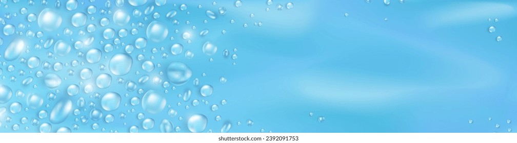 Soft blue blank billboard with realistic 3d pure water drops or condensation on surface. Panoramic banner with rain droplets or dew pattern as a frame. Aqua fresh header with empty place for text