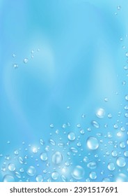 Soft blue blank wallpaper with realistic 3d pure water drops or condensation on surface. Vertical banner with rain droplets or dew pattern as frame. Aqua fresh banner with collagen or water texture