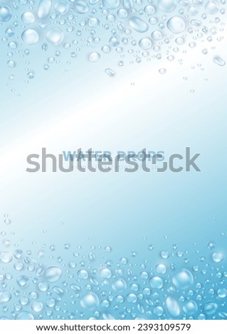Soft blue blank wallpaper with realistic 3d pure water drops or condensation on surface. Vertical banner with rain droplets or dew pattern as frame. Aqua fresh banner with collagen or water texture
