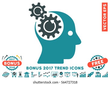 Soft Blue Brain Gears Rotation pictograph with bonus 2017 year trend clip art. Vector illustration style is flat iconic bicolor symbols, white background.