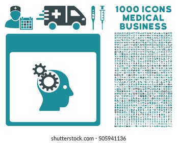 Soft Blue Brain Wheels Calendar Page vector icon with 1000 medical business pictograms. Set style is flat bicolor symbols, soft blue colors, white background.