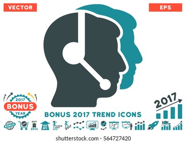 Soft Blue Call Center Operators pictograph with bonus 2017 year trend pictures. Vector illustration style is flat iconic bicolor symbols, white background.