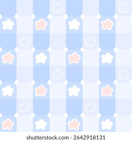 soft blue checkered pattern with white stars and flowers – cute baby nursery background
