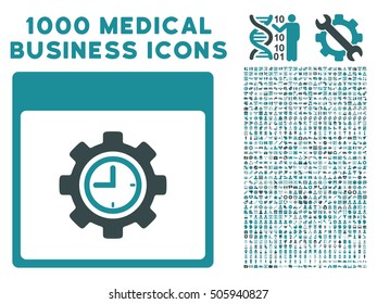Soft Blue Clock Configuration Gear Calendar Page vector icon with 1000 medical business pictograms. Set style is flat bicolor symbols, soft blue colors, white background.