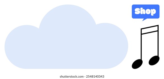 Soft blue cloud with Shop icon and musical note represents digital music storage and online shopping. Ideal for online music stores, downloads, cloud storage, digital content, web services. Simple