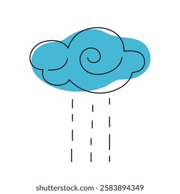 Soft blue cloud with stylized rain drops in minimalist style on white background