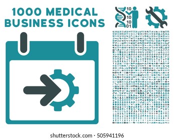 Soft Blue Cog Integration Calendar Day vector icon with 1000 medical business pictograms. Set style is flat bicolor symbols, soft blue colors, white background.