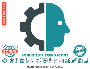 Soft Blue Cyborg Head pictogram with bonus 2017 trend clip art. Vector illustration style is flat iconic bicolor symbols, white background.
