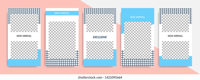 Soft blue, dark blue indigo and white color geometric shape banner template for social media stories square post. Minimal modern stripe line design with  peach background vector illustration