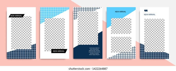 Soft blue, dark blue indigo and white color geometric shape banner template for social media stories square post. Minimal modern stripe line design with  peach background vector illustration