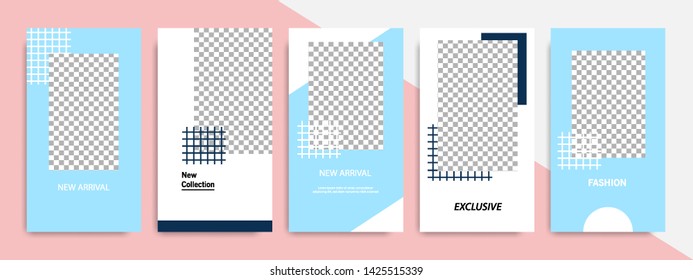 Soft blue, dark blue indigo and white color geometric shape banner template for social media stories square post. Minimal modern stripe line design with  peach background vector illustration
