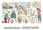 Soft blue delicate cottagecore set with country house, garden tools, pots and flower beds. Girl and guy are engaged in planting and watering flowers in the garden. Vector illustration.  
