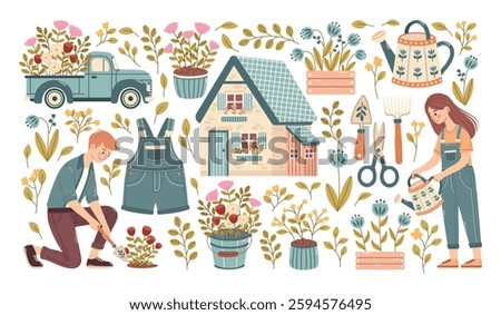 Soft blue delicate cottagecore set with country house, garden tools, pots and flower beds. Girl and guy are engaged in planting and watering flowers in the garden. Vector illustration.  
