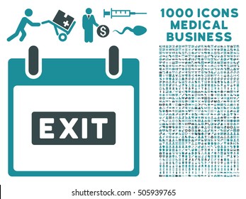 Soft Blue Exit Caption Calendar Day vector icon with 1000 medical business pictograms. Set style is flat bicolor symbols, soft blue colors, white background.